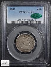 1901 Barber Silver Quarter 25C PCGS VF 25 CAC