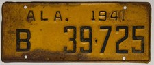 1941 ALABAMA License Plate - AL #B-39-725