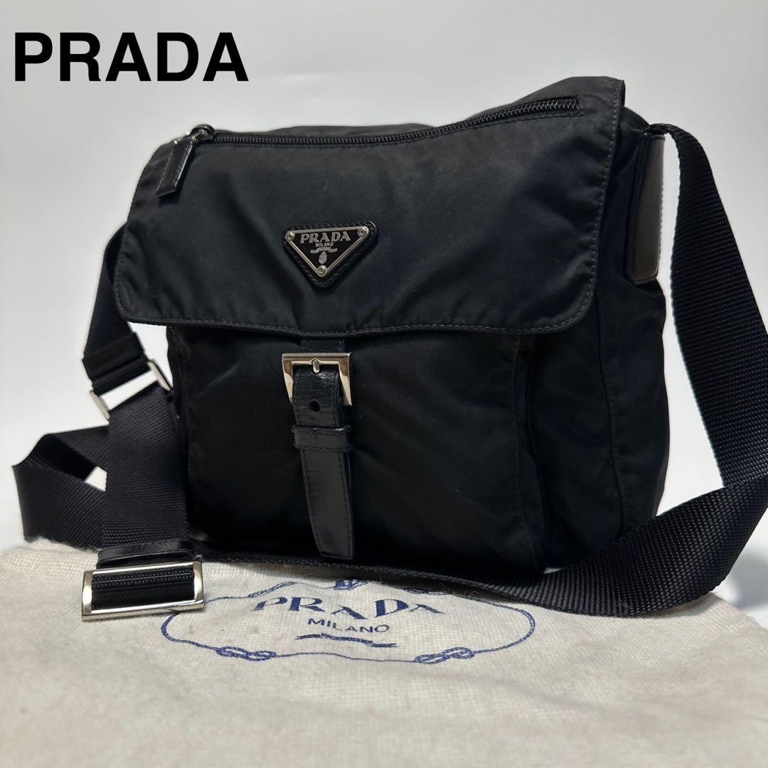 Prada Black Nylon Leather Shoulder Bag with Triangle Logo Designer Handbag