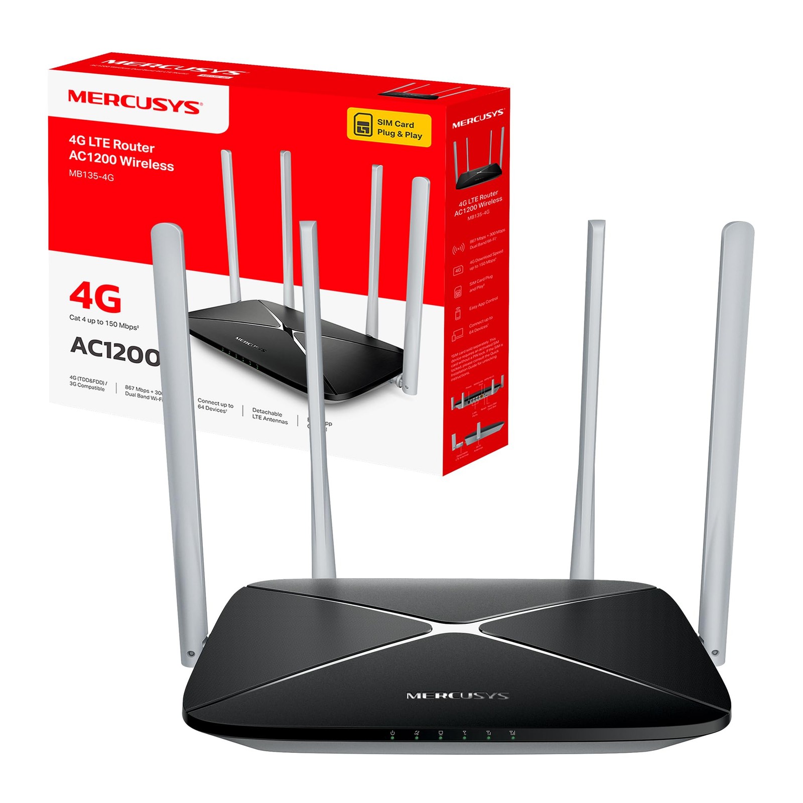 Mercusys MB135-4G Router WiFi con Sim, 4G LTE Cat4 AC1200Mbps, 4 Antenne (J3g)