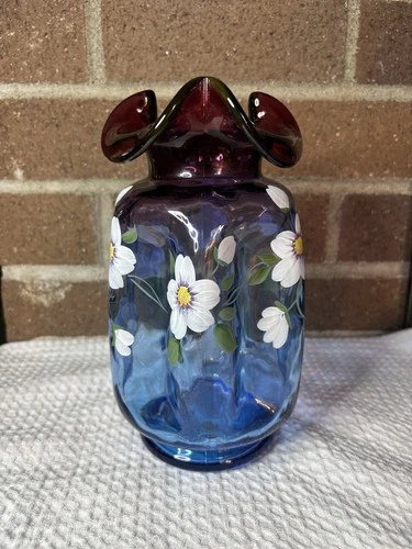 Fenton Mulberry Ruffle Vase Hand Painted J. Powell Signed Sticker Mint