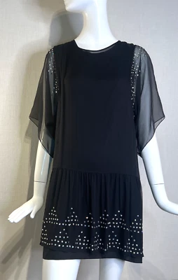 Morgane Le Fay 2 Piece Black Silk Dress, Sheer Chiffon Overlay & Slip Size Small - Image 1 of 4