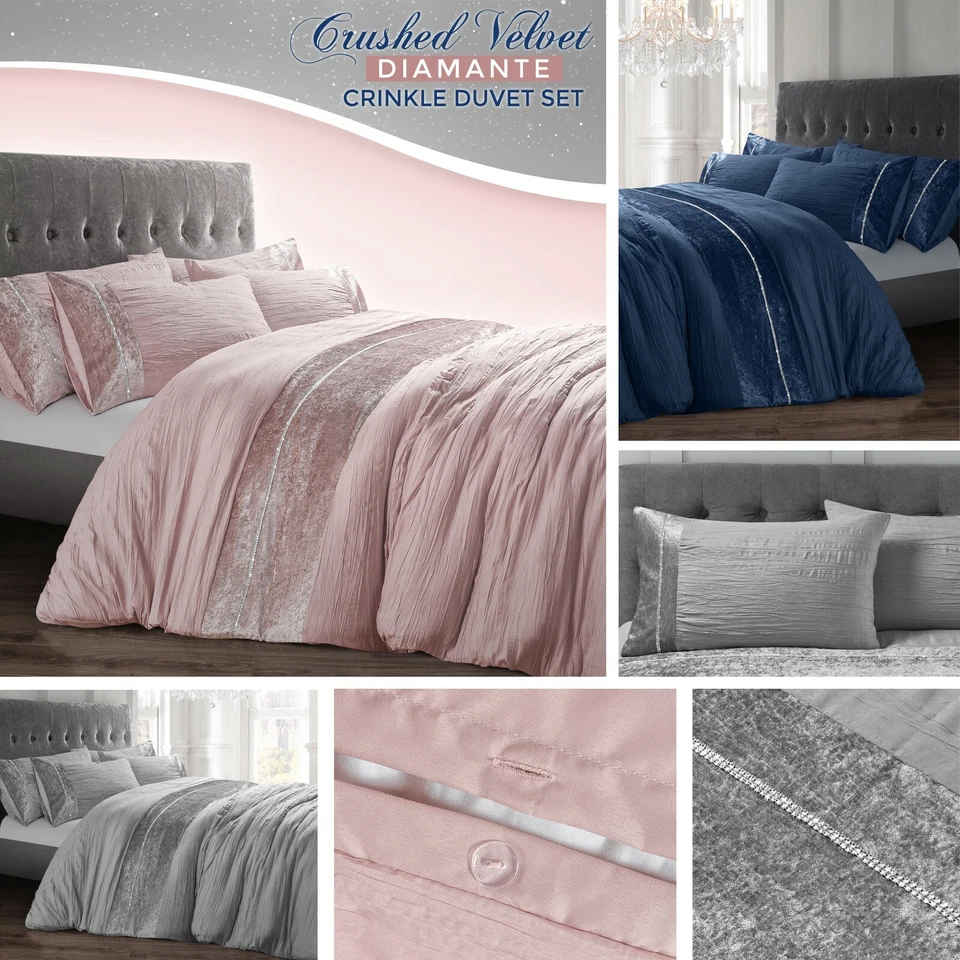 Diamante Crinkle Crushed Velvet Panel Duvet Cover and Pillowcase(s) Bedding Set