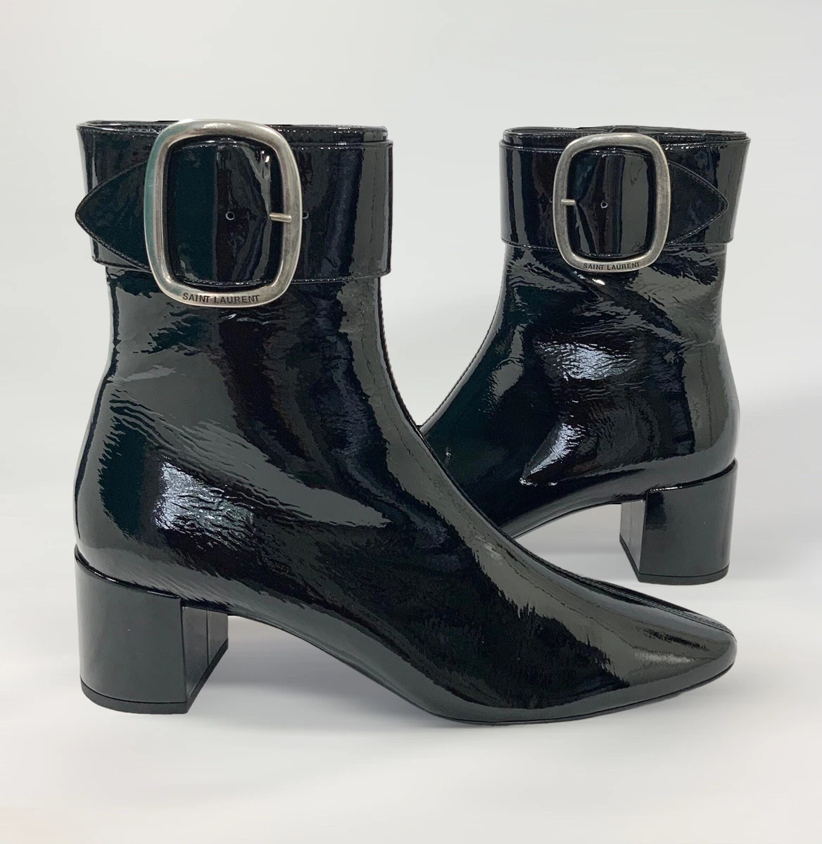 SAINT LAURENT Joplin Buckled Patent Leather Ankle Boots