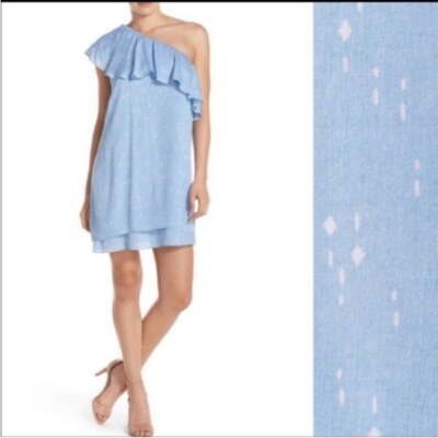 Charles Henry Shift Dress Mini One Shoulder Ruffle Light Blue Dot Medium Preppy