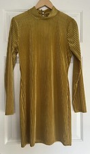 Pretty Little Thing Bodycon Dress Mesh Striped Velvet Mustard Yellow Size 12