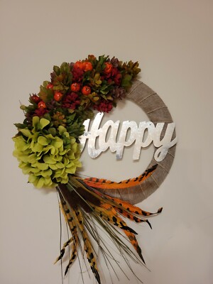 HAPPY Hydrangeas Cat tail burlap WREATH FALL Feather Decor Front Door 15'' fire