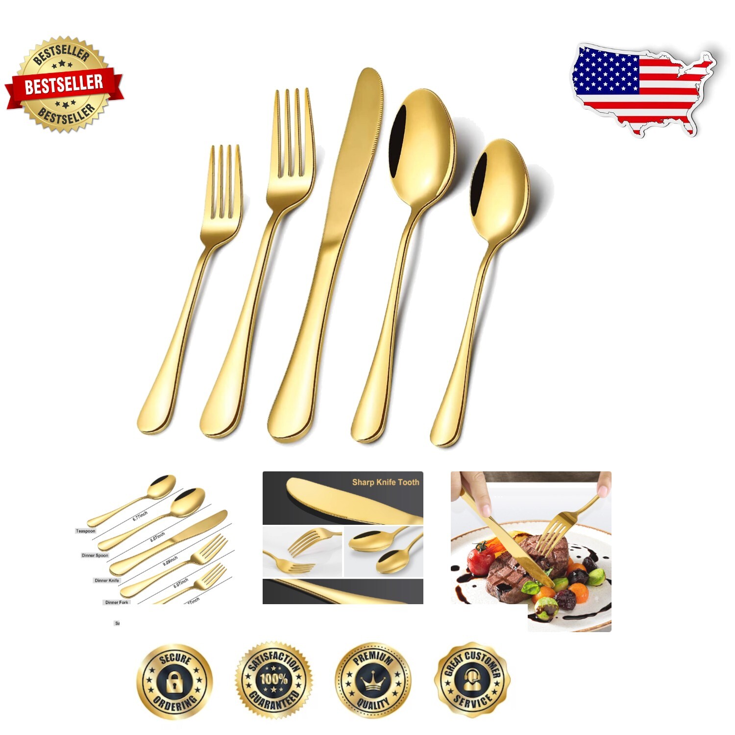 Complete 40-Piece Titanium Gold Utensil Set for Table Settings - Perfect Gift