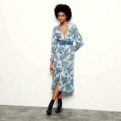 Sandro Paris Lt Blue Silk Paisley Jacquard Button Midi Dress EU 36