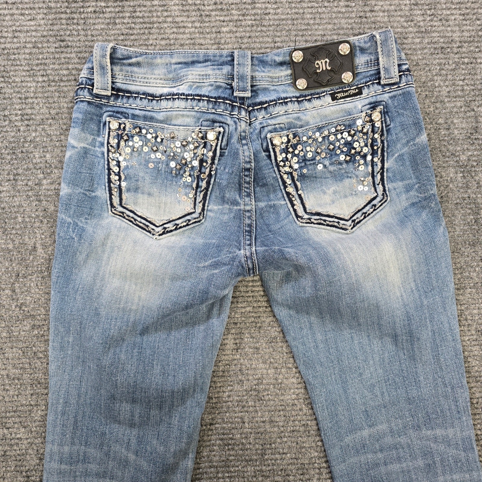 Miss Me Easy Boot Womens 28x32 Blue Mid Rise Flare Embellished Stretch
