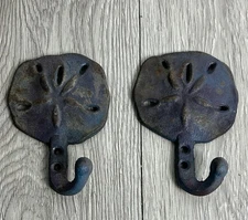 Set Of 2 Cast Iron Sand Dollar Wall Hooks Towel Hat Coat Bath Rust Finish