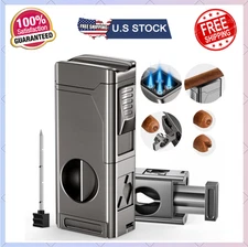 4 Jet Torch Lighter with V Cutter, Punch, Holder, Refillable, Cigar Gift Set