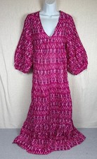 Mango Womens Midi Dress Size 8 Pink Cotton Ikat Print V Neck Puff Sleeve Boho