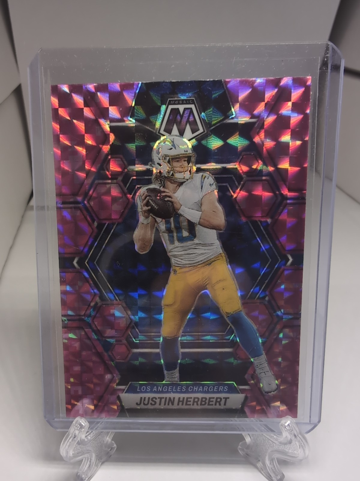 Justin Herbert 2023 Panini Mosaic #127 Los Angeles Chargers Camo Pink Mosaic