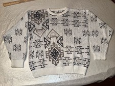 vtg USA MADE Jantzen men L knit sweater white AZTEC GEOMETRIC pullover crewneck