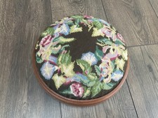 Vintage Embroidered Tapestry Small Round Footstool Floral Design