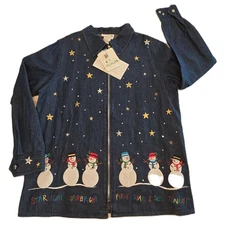 The Quacker Factory Denim Snowman Embroidered Zip Up Jacket Women's Medium New