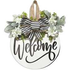 Welcome Wreaths Sign for Front Door, Rustic Wood Wreath with Bow, Welcome Sign