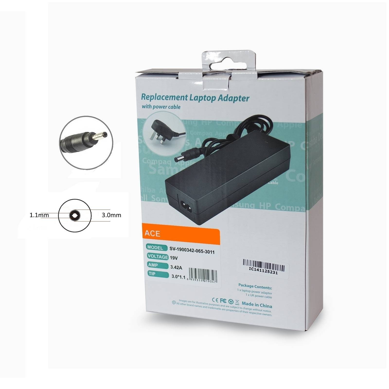 Acer Ultrabook Iconia Compatible 19V 3.42A AC Adaptor/Charger 3.0mm x 1.1mm Tip