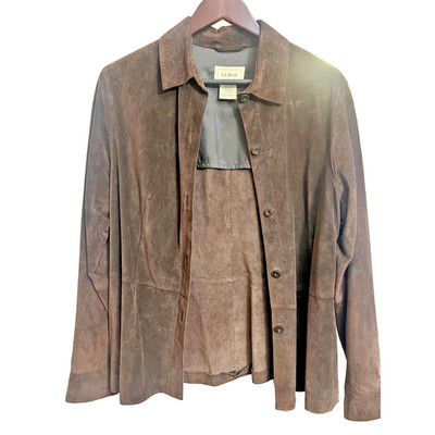 LL Bean Mens Brown Washable Suede Leather Jacket Large 5H999 Button Front Coat