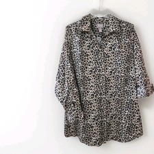 Chicos 100 Cotton Cheetah Animal Print Tunic Shirt Roll Tab Size 2 Large