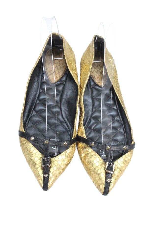 Brian Atwood Mujer Cuero Punta Puntera Tachonada Detalle Planos Dorado Talla 8.5 Foto 2 de 4