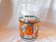 Vintage Halloween Pumpkin JOL Candy Corn Stars Glass Canister Jar w/ Lid-So Fun!