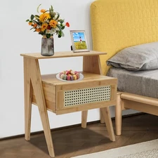 16.9" Natrual Bamboo Nightstand Bedroom Storage Cabinet Bedside Table w/ Drawer