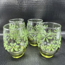 Libbey Green Lowball Glasses With Embossed Floral Design Cups Set 4 Cups 3.5inch
