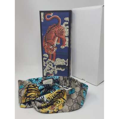 Gucci Beige Monogram Headband with Blue Lining and Cream Accents For Girls Gucci Beige blue supreme GG Monogram silk headband M sz  main image 3