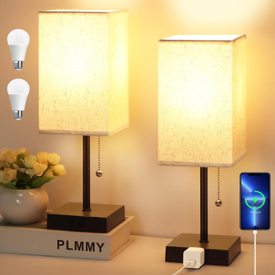 Table Lamp for Bedroom Set of 2, Warm White Bedside Lamps with AC Outlets, Squar