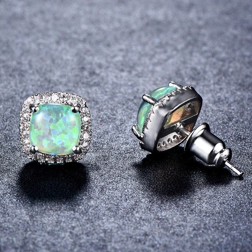 Square Shaped Multi Green Fire Opal Cubic Zirconia Gems Woman Stud Hook Earrings - Picture 4 of 6