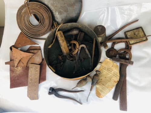 Antique Cobblers Shoe Tools Kit Metal Leather Newspaper Sole Nails File Bundle - Picture 1 of 20