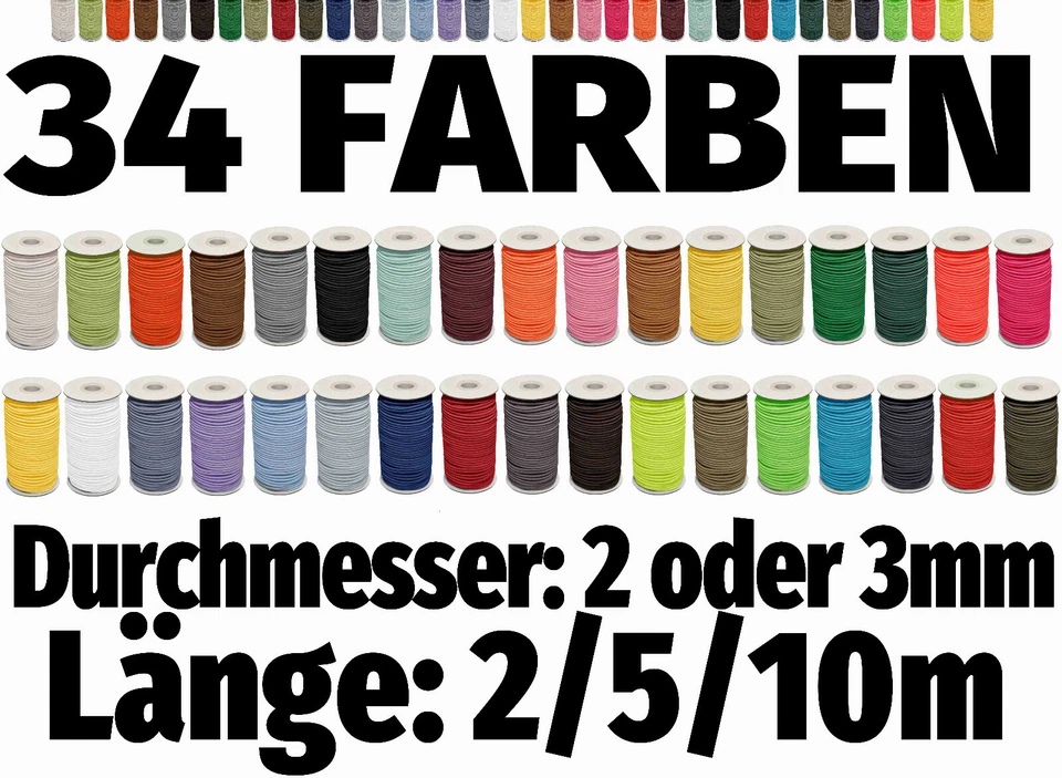 MARKENLOS 2/5/10m Gummiband Hutgummi Gummikordel Rundgummi Ø 2/3mm Gummilitze Elastisch