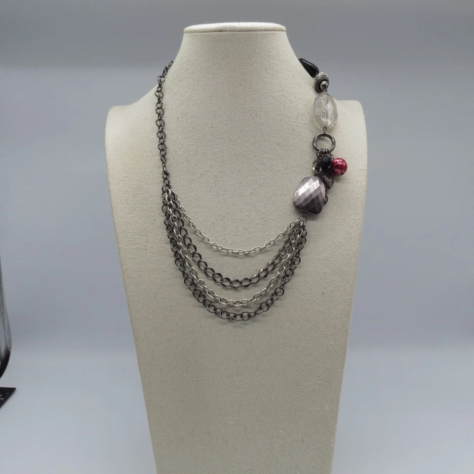 Collar Cadena Capas Multicolor Cuentas Negro Tono Plata Ecléctico Retro 21" Foto 2 de 4