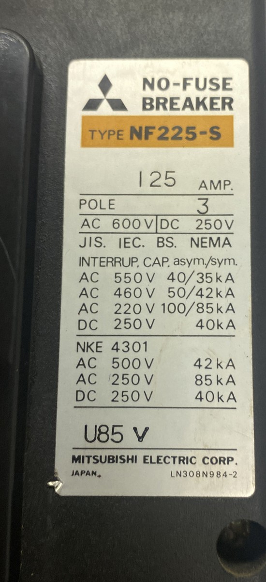 Mitsubishi Nf225-s 150 Amp 3 Pole 600 VAC 250 VDC Circuit Breaker