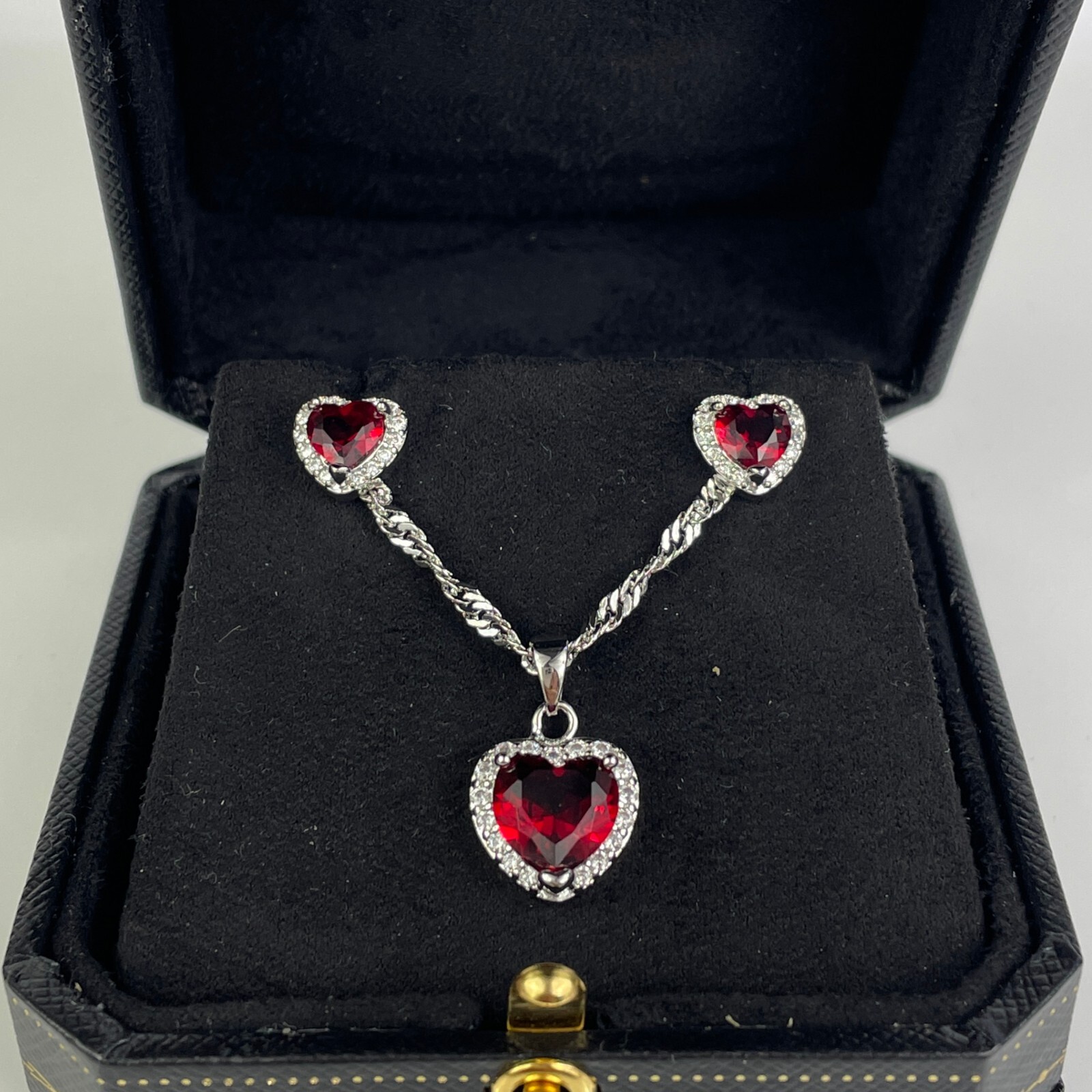 WHITE GOLD FINISH Red Ruby Heart Cut Created Diamond Stud Earrings&Necklace Set