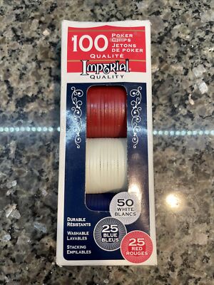 Imperial Poker Chips 100 pack by Patch 50 White 25 Blue & 25 Red New in Box NIB