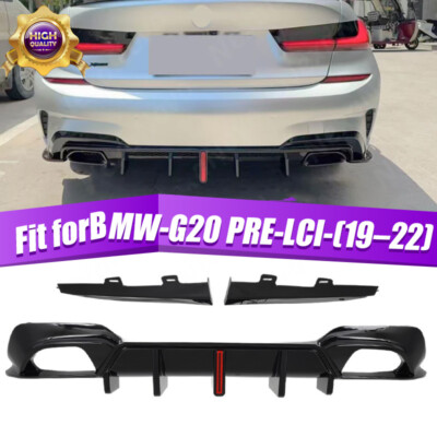 F1 STYLE GLOSSY BLACK REAR DIFFUSER W/LED LIGHT FITS 2019-2022 BMW G20 3 SERIES