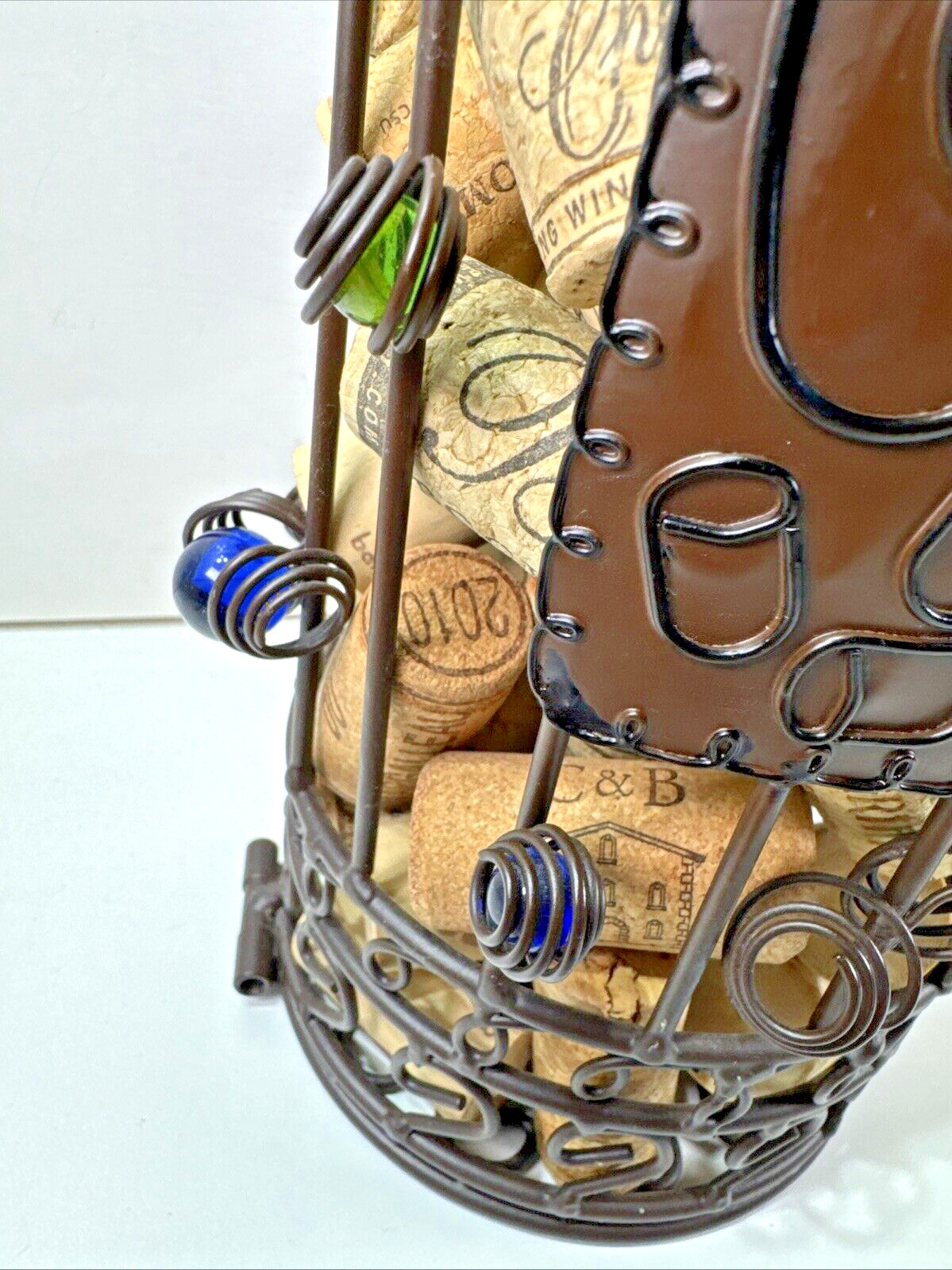 13.75" Decorative Marble Brown Bottle-Shaped Wire Wine Cork Holder w Corks