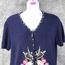 Vintage Susan Bristol Sweater Womens XL Blue Hand Embroidered Button Cardigan