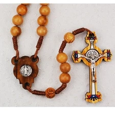 Needzo IVL Mens Corded 7MM Round Olive Wood Beads Saint Benedict Medal Rosary
