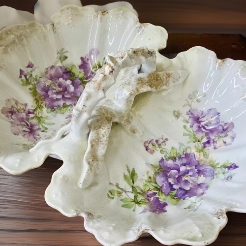 Antique Hand Painted Porcelain Divided Dish 15” Floral Molded Handle Signed - Picture 4 of 9