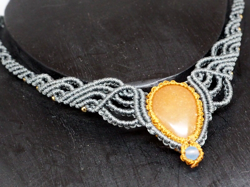 Choker, Grey Macrame Choker with Orange Agate - Picture 3 of 5