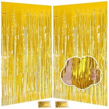 Gold Backdrop Birthday Party Decorations 3.3ft x 6.6ft, 2 Pcs Tinsel Foil Fri...