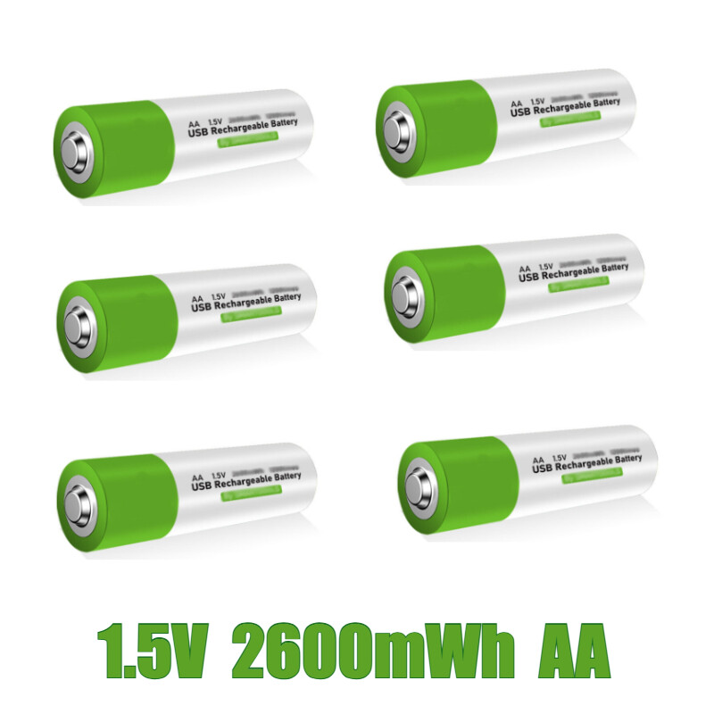 6-Count 1.5V 2600mWh AA Li-ion Rechargeable Battery Fast Charge Type C USB Cable