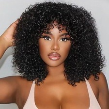 Glueless Bob Wig Human Hair Short Curly with Bangs 12" 200 BLACK