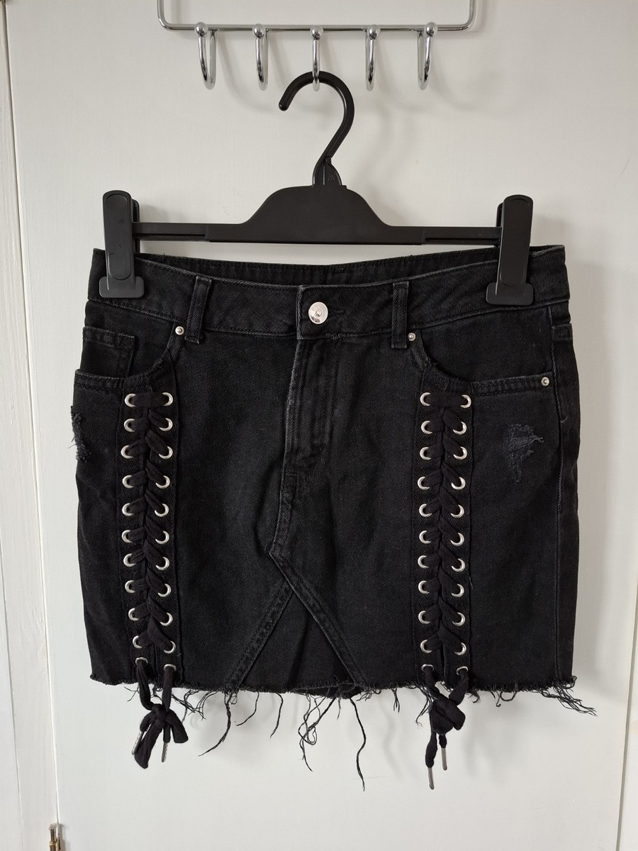 H&M Black Denim Mini Skirt Women Size UK Lace Up Detail 100% Cotton