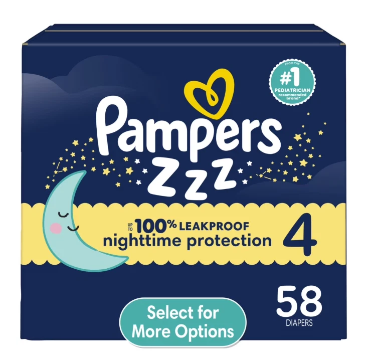 Pampers Swaddlers Overnight Zzz Baby Diapers Size 4, 58 Count