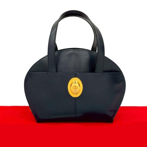 Christian Dior Leather Logo Boston Bag Navy Excellent From Japan